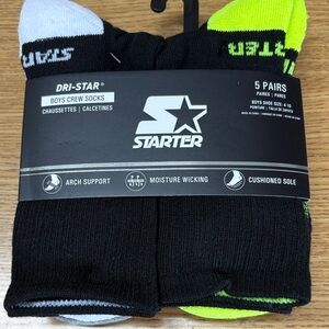 Boys' STARTER Crew Socks - Black with White & Neon Green Accents, 5-Pack